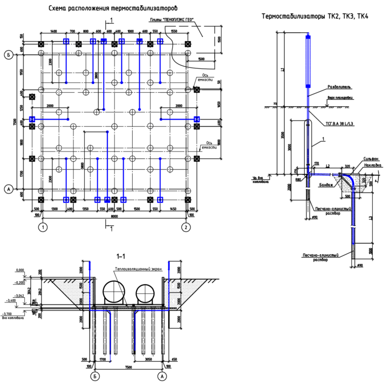 Схема расположения свай и термостабилизаторов в основании установки дренажных емкостей